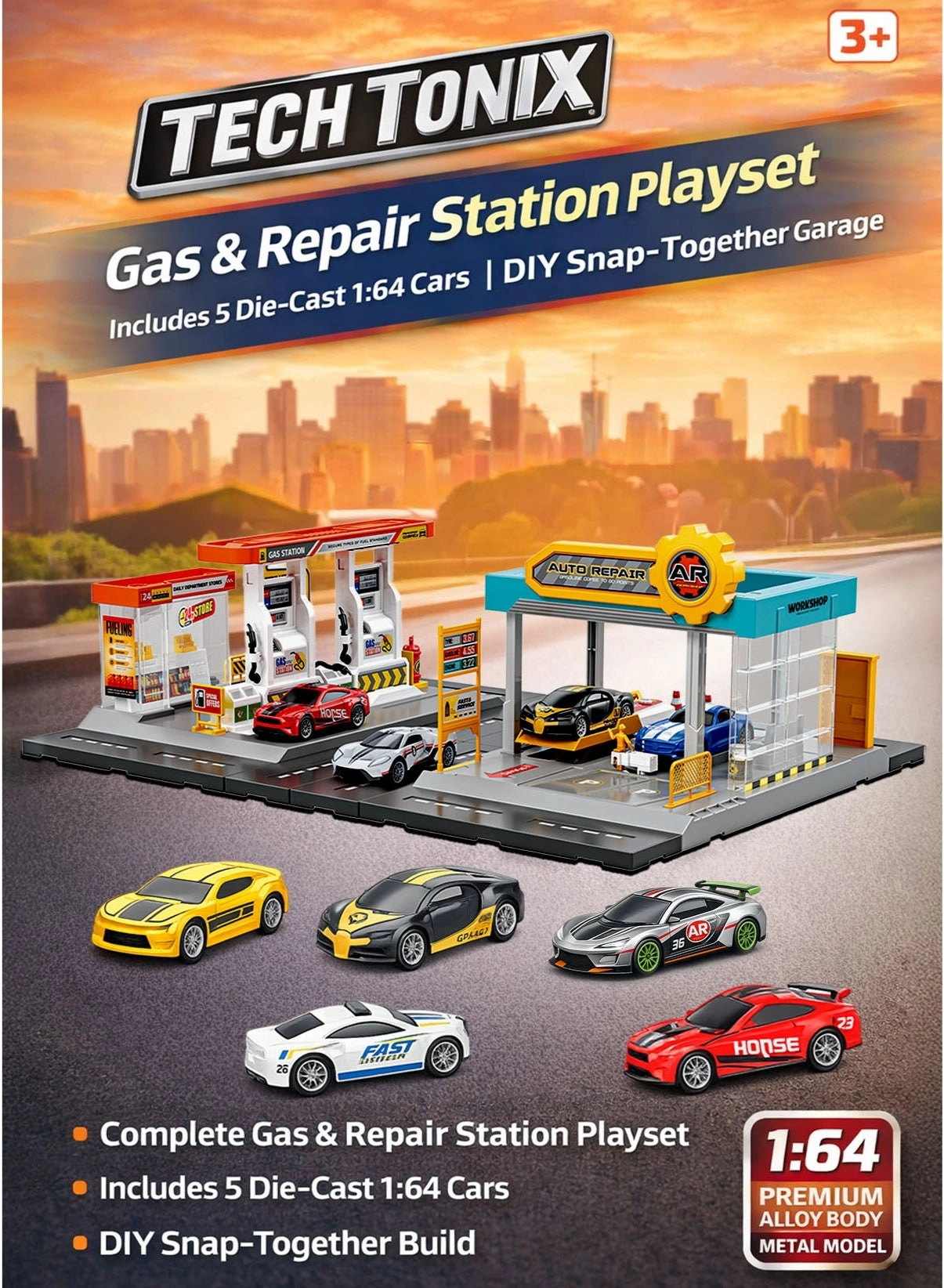 TECHTONIX Gas & Repair Station Playset - 1:64 6 pcs
