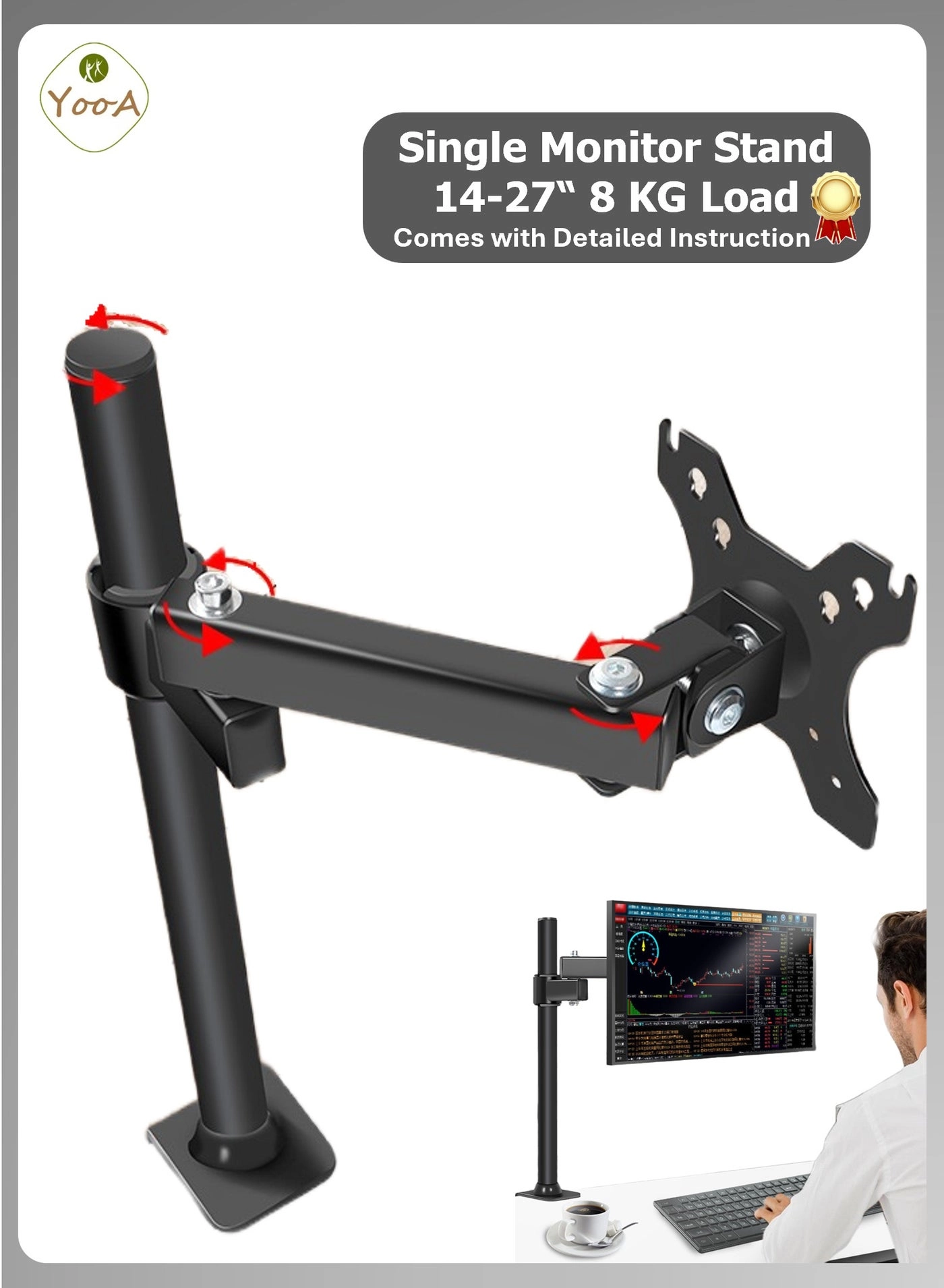 YooA Single Monitor Arm Desk Mount Stand - Single 14"-27" VESA 50x50/75x75/100x100mm