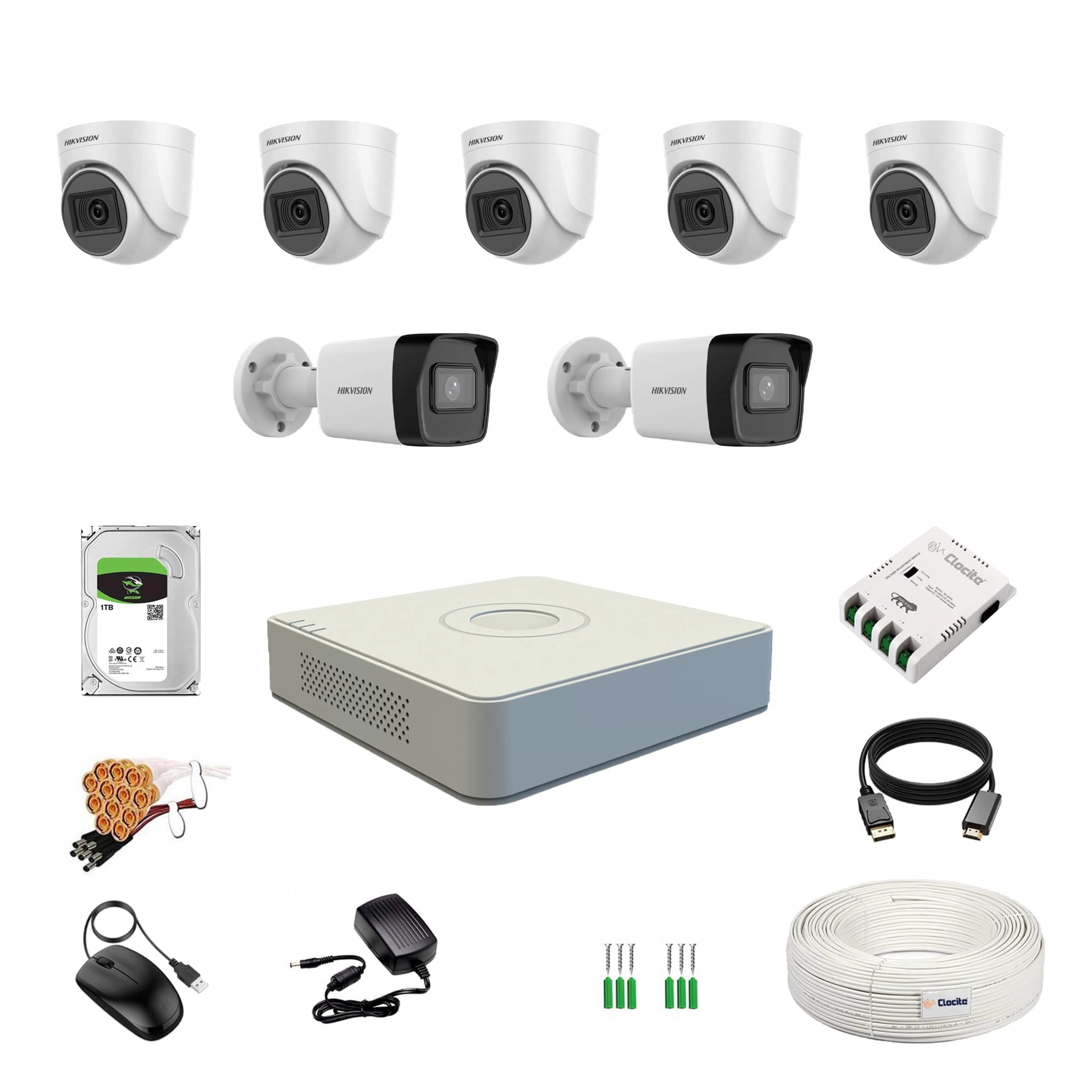 Prama Hikvision India Pvt.Ltd DVR - 8CH + Dome Camera - 2MP + Bullet Camera - 2MP + HDD - 1TB + Cable Roll + Power Supply - 8CH