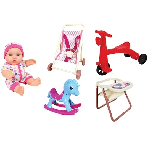 Baby Doll - 8" pink outfit + Scooter + Pushchair - Foldable + Rocking Chair + Highchair
