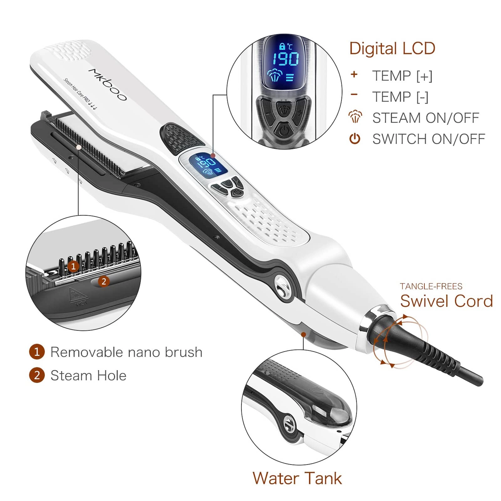 Hair Straightener with Steam - Nano Titanium Ceramic Removable Comb Digital LCD