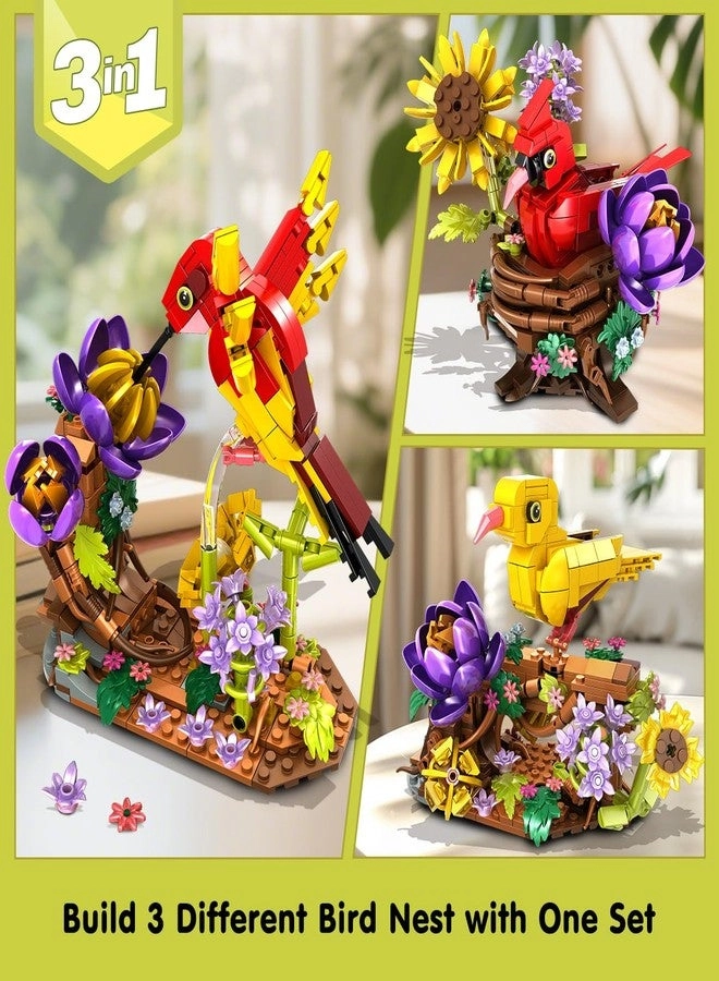 3 in 1 Bird's Nest Building Toy - Flowers Birdhouse Cardinal Hummingbird Canary 646 pcs