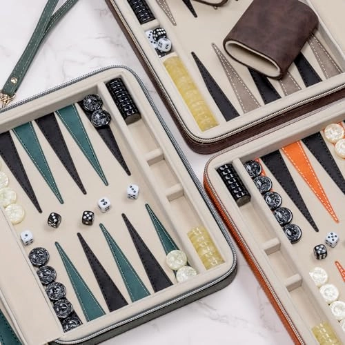 Backgammon Set - Foldable Leather Backgammon Case 30 Artificial Horn Checkers