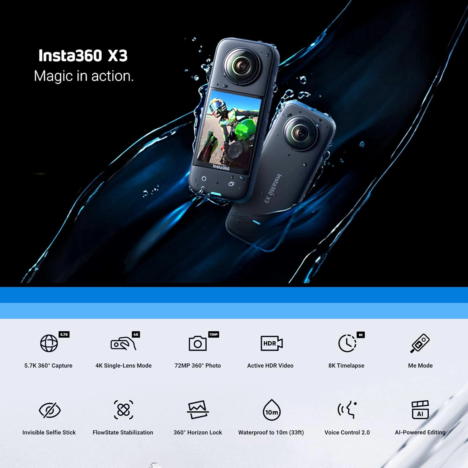 X3 - 360 5.7K + Case + Invisible Selfie Stick - 70cm + Extra Battery + Lens Cap + Memory Card - 64GB