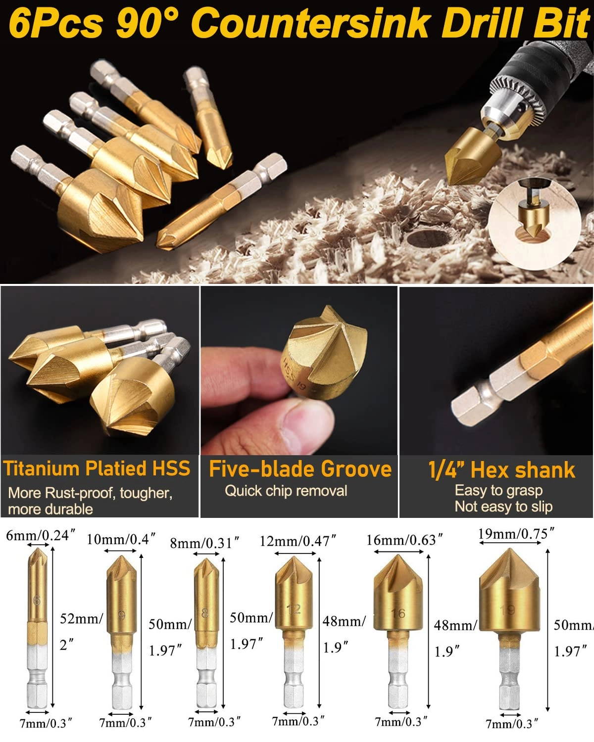 Chamfer Drilling Tool - 23pcs + 5 Flute Countersink Drill Bits - 6pcs + Three Pointed Countersink Drill Bit - 7pcs + Wood Plug Cutter - 8pcs + Automatic Center Punch - 1pcs