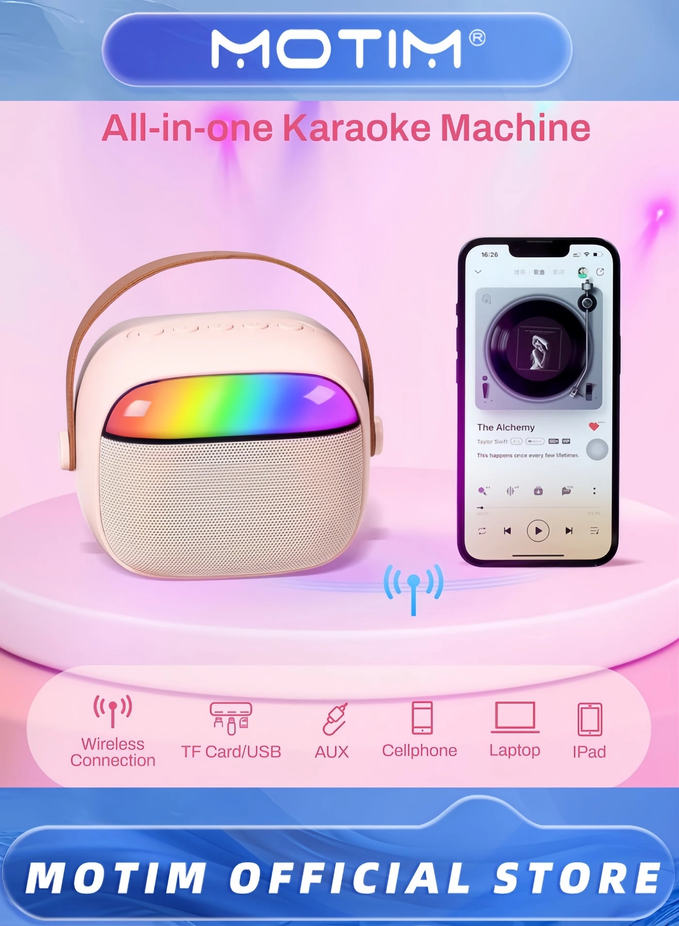 Mini Karaoke Machine - Portable Bluetooth Dual Wireless Microphones Pink
