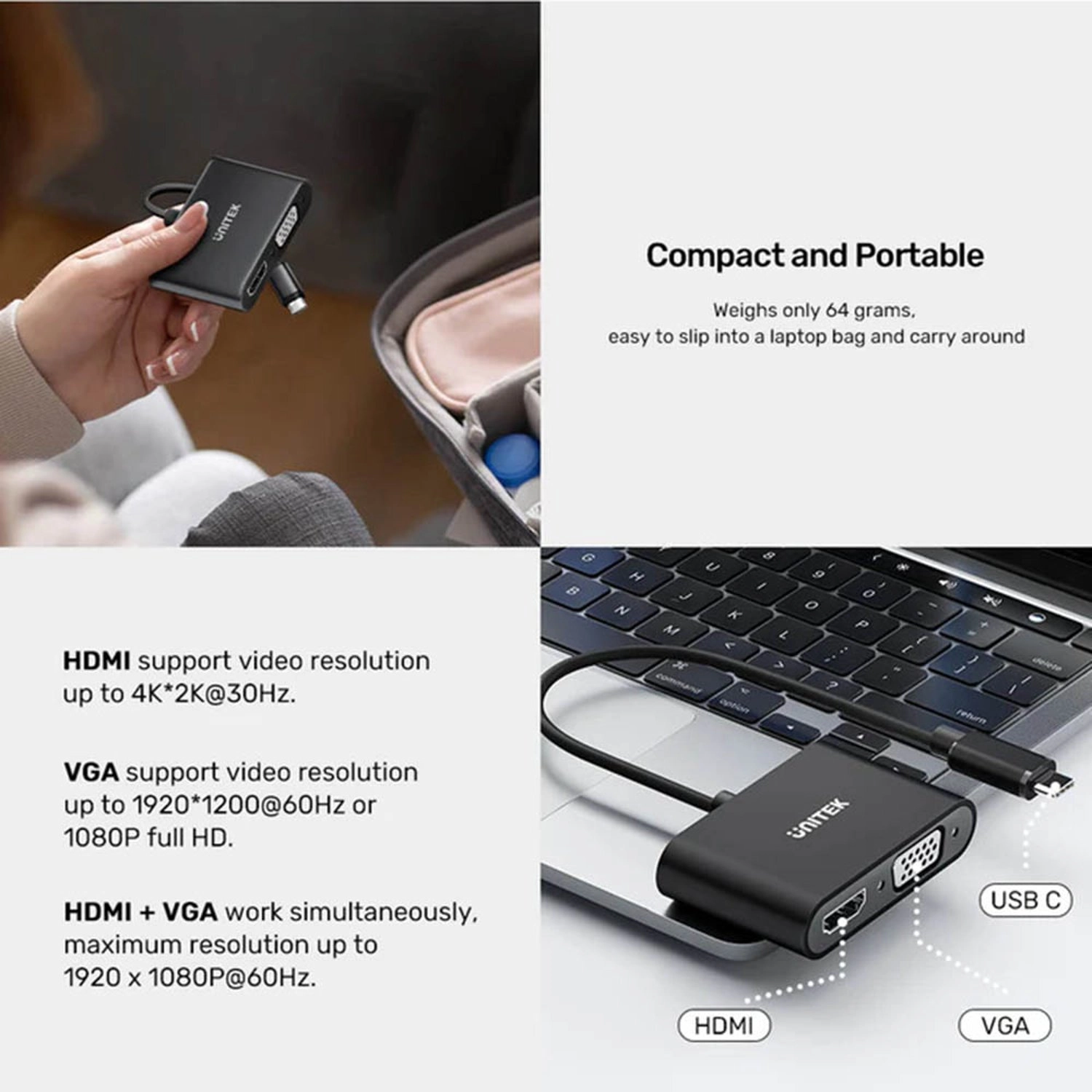 USB-C To HDMI And VGA Adapter - USB-C 4K@30Hz