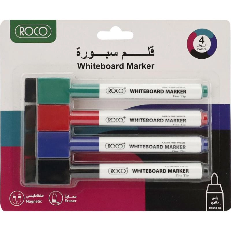 Roco Whiteboard Marker with Magnet/Eraser - Black;Blue;Green;Red Round Tip