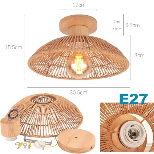 Retro Rattan and Wood Bohemian Design Ceiling Light