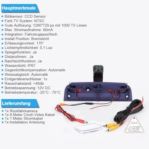 Reversing Camera + LCD Colour Display Monitor - Night vision AHD video signal or CVBS signal 1280 x 720 pixels