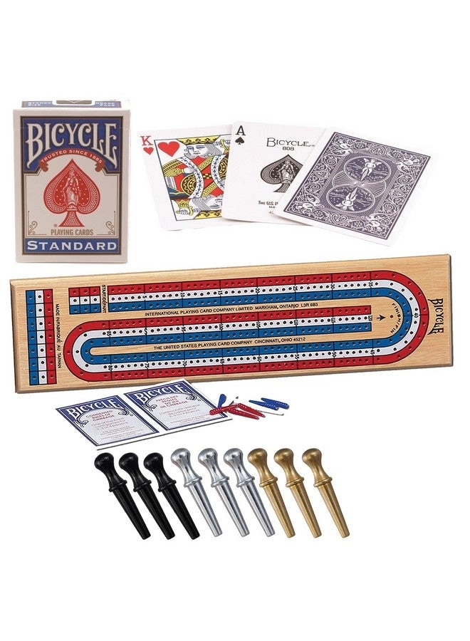 Bicycle Cribbage Board - 3-Track Colour Coded Real Pine + Deck of Cards + Cribbage Pegs - Metal