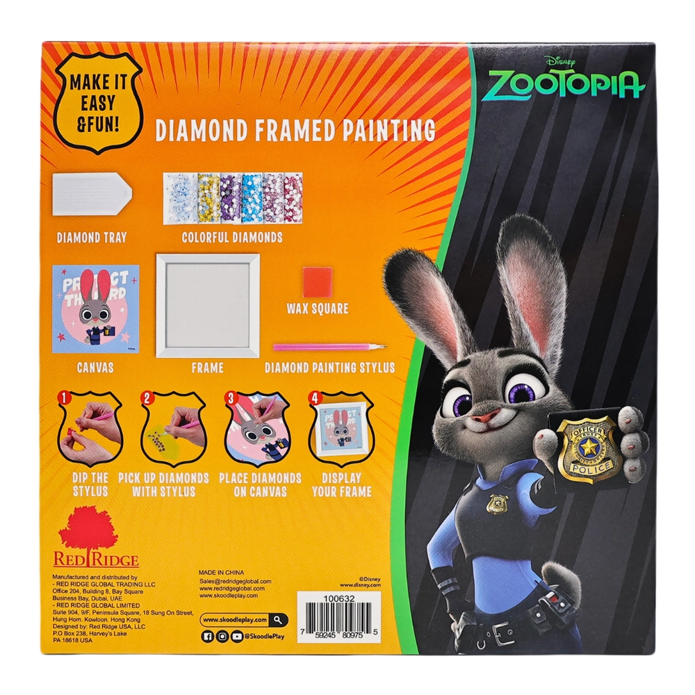 Zootopia Diamond Framed Painting Kit - 1 Canvas, 1 Frame, 1 Diamond Tray, 1 Wax Square, 1 Diamond Painting Stylus, 6 Colorful Diamonds