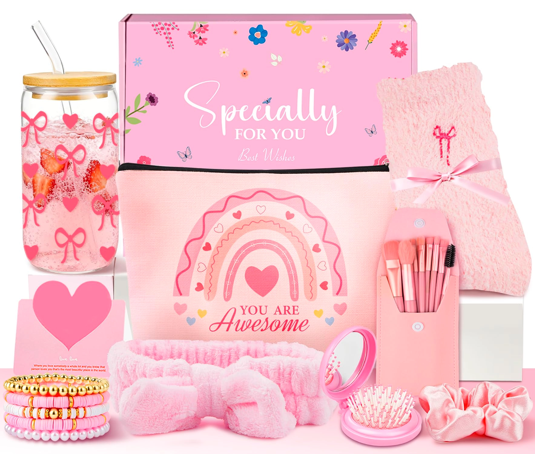shxwell Makeup Bag + Floral Glass Cup + Bow Headband + Friendship Bracelet + Socks + Makeup Brushes + Air Cushion Comb + Hair Tie + Gift Card + Gift Box - 10 pcs
