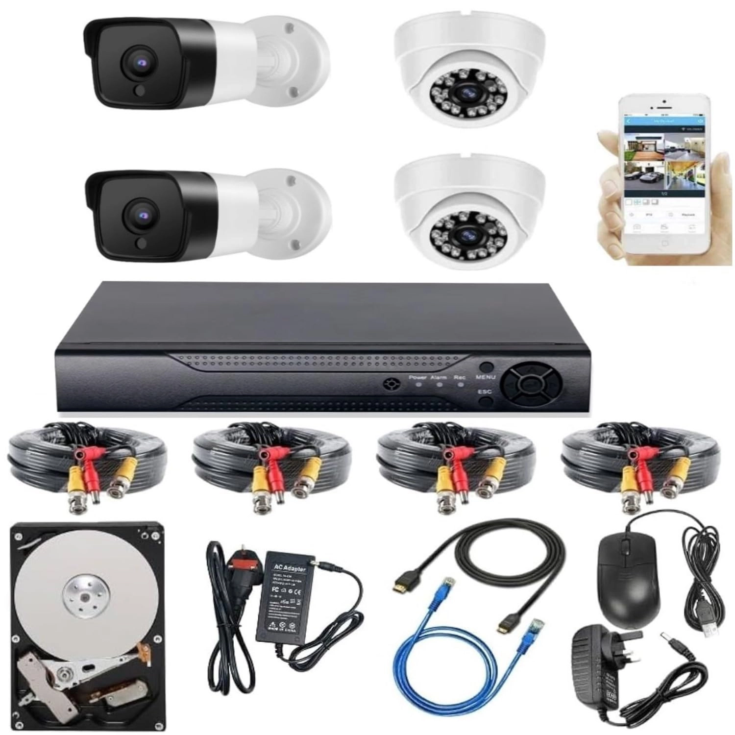 H.264 4CH 1080N HD XVR + 1080P Outdoor Camera + 1080P Indoor Camera + 15M CCTV Cable + 12V Power Supply + 1 to 4 Power Splitter Cable + cat 6 cable + HDMI cable