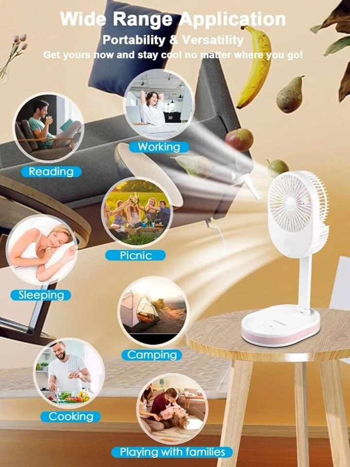 Portable Rechargeable Fan with LED Light - 3 Speed 8 Hours 180° Rotating