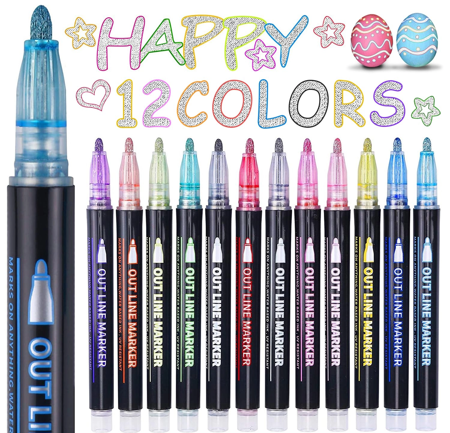 yangmei Outline Glitter Markers - blue, black, red, green, yellow, orange, pink, purple, brown, gray, white, silver Chisel