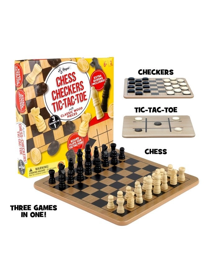 Reversible Wooden Board - Chess Checkers Tic-Tac-Toe