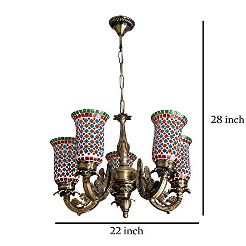 Indian Mosaic Glass 5 Lights Chandelier - Multi-colored Brass 28 x 22 Inch