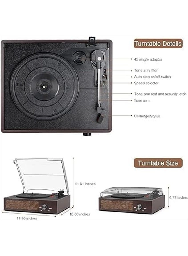 Record Player Turntable - Built-in Bluetooth 3-Speed 2 Stereo Speakers