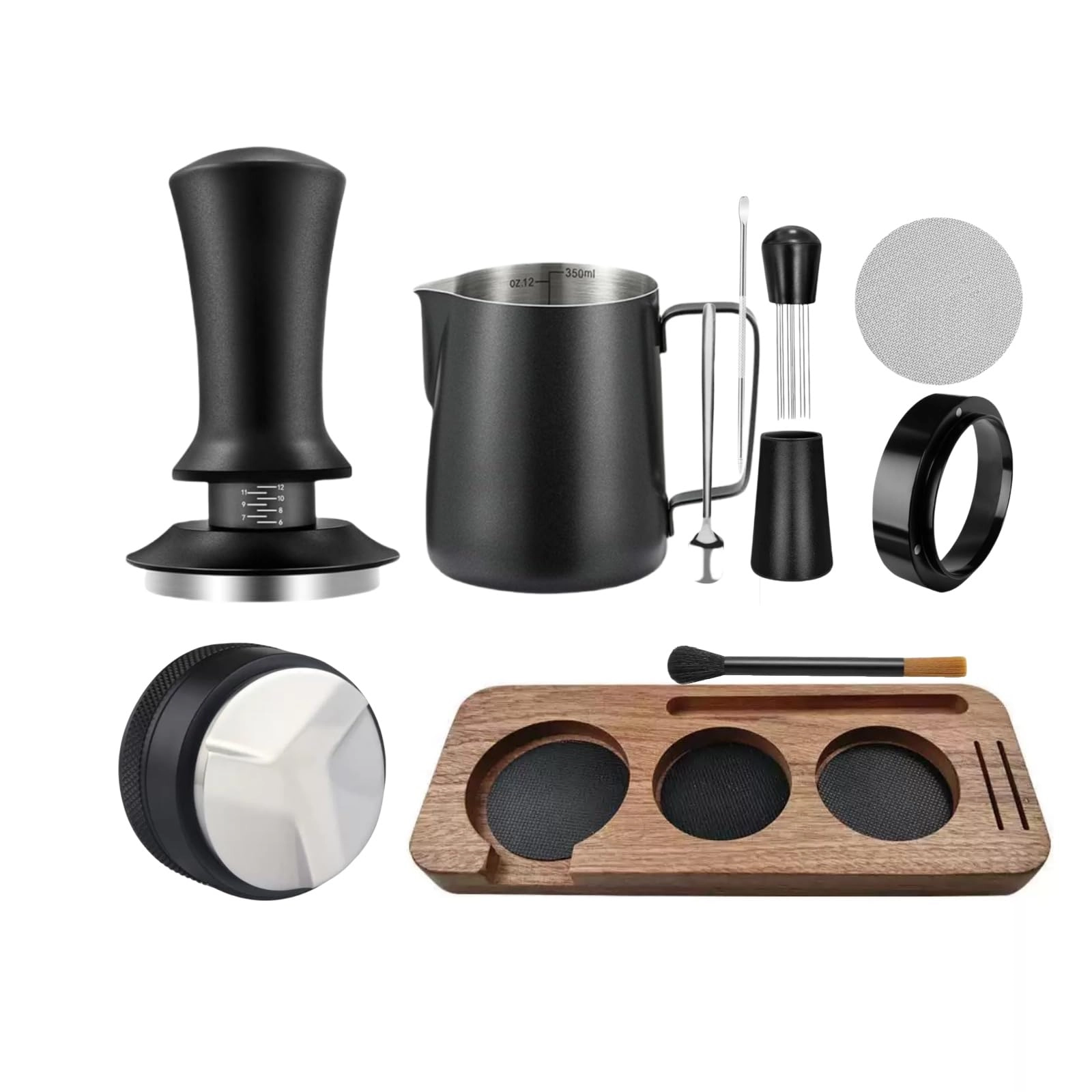 58mm Coffee Tamper + WDT Tool + Tamper Mat + Frothing Pitcher - 350ml + Decorating Stencils + Latte Art Pen + Coffee Stirring Spoon + Dosing Funnel + Coffee Sifter