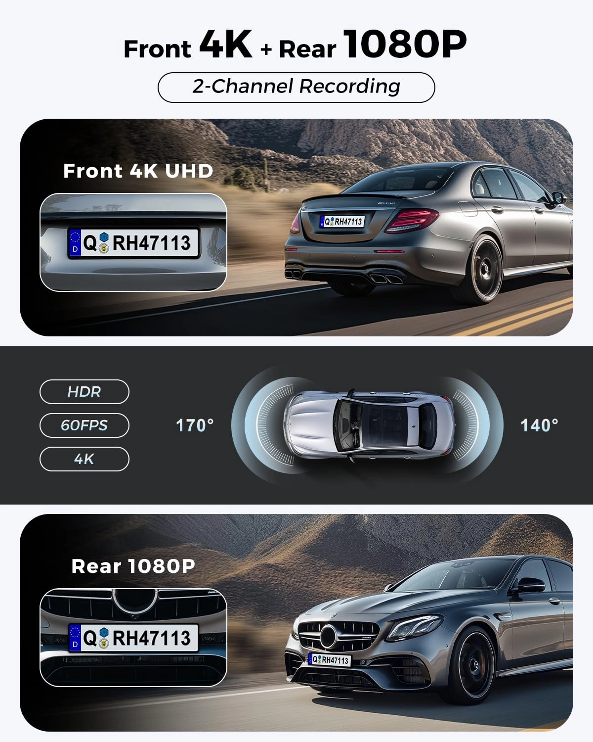 Dash Cam Front and Rear - 4K+1080P FHD