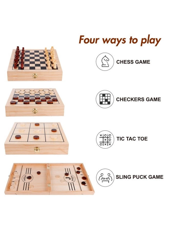 4-in-1 Wooden Fast Sling Puck Set - Chess Checkers Tic Tac Toe