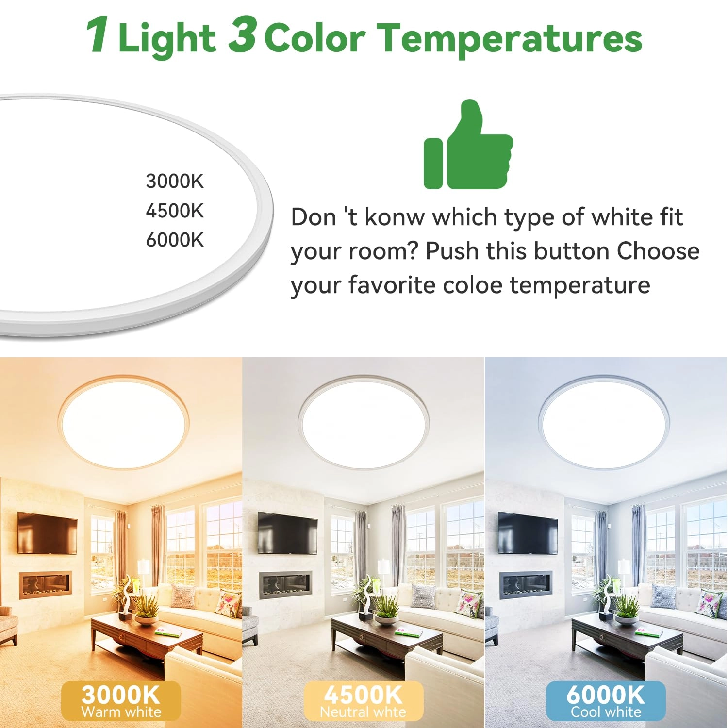 Flush Mount Ceiling Light - 3000/4500/6000K Dimmable