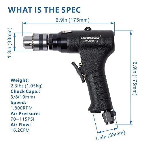 UW-D238-10 - 3/8 Reversible Drill Air Powered 1800 RPM