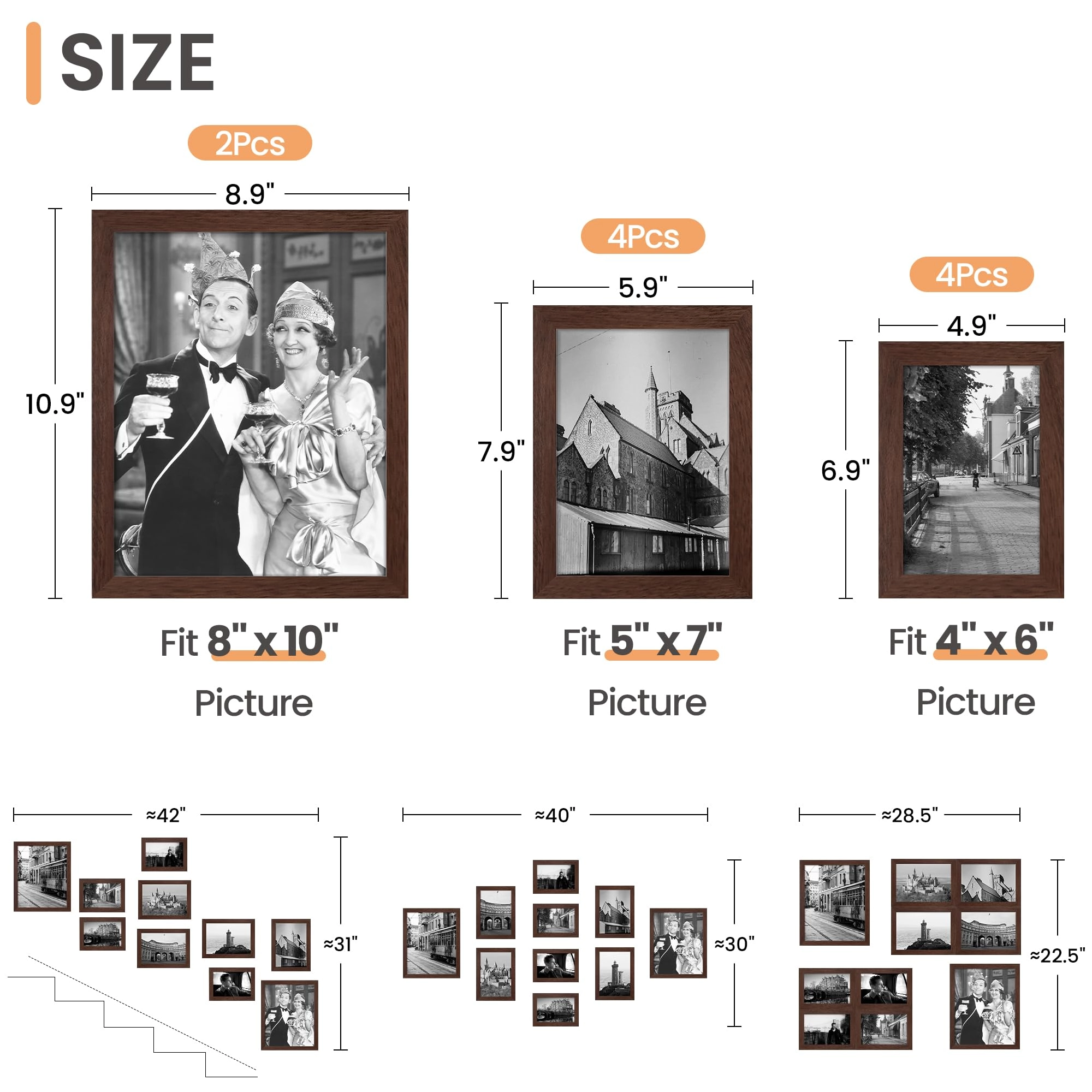 10 Pack Picture Frames - 8x10, 5x7, 4x6