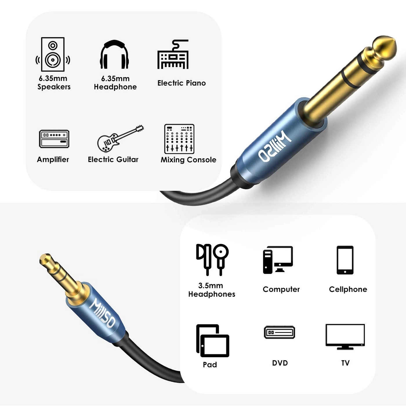 6.35mm Male 1/4 to 3.5mm Male 1/8 TRS Stereo Audio Cable - 8 ft