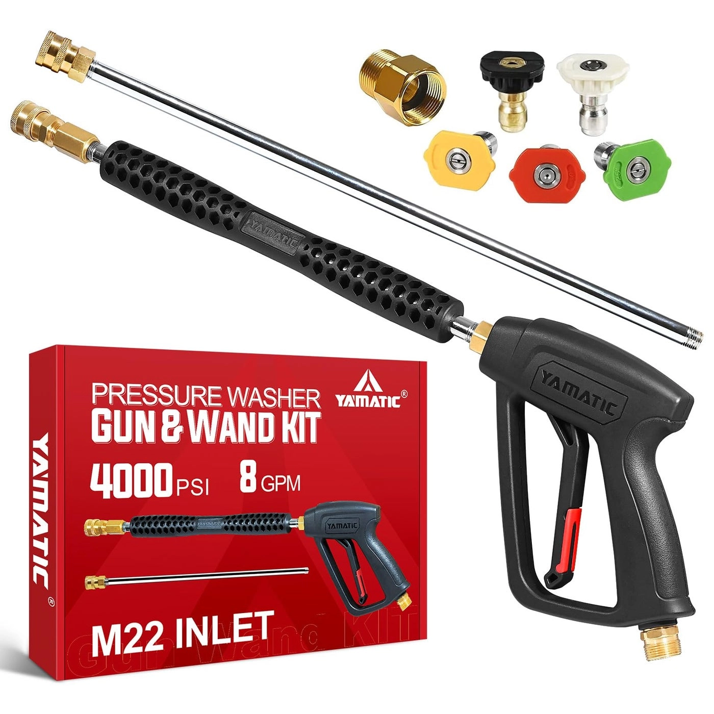 YAMATIC Pressure Washer Gun and Wand - 5 Spray Nozzles M22-14mm & M22-15mm Fitting 4000 PSI