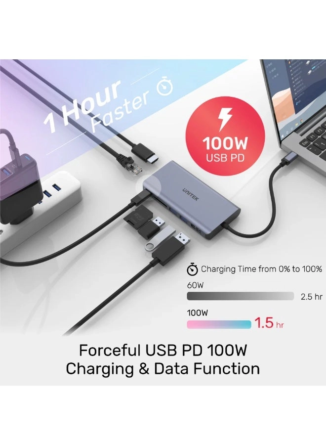 D1113A - 9-in-1 USB-C Hub 3x USB-A 5Gbps HDMI 4K@30Hz PD 100W