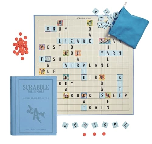 Scrabble for Juniors: Vintage Bookshelf Edition - 2-Sided Board Fabric-Wrapped Bookshelf Case