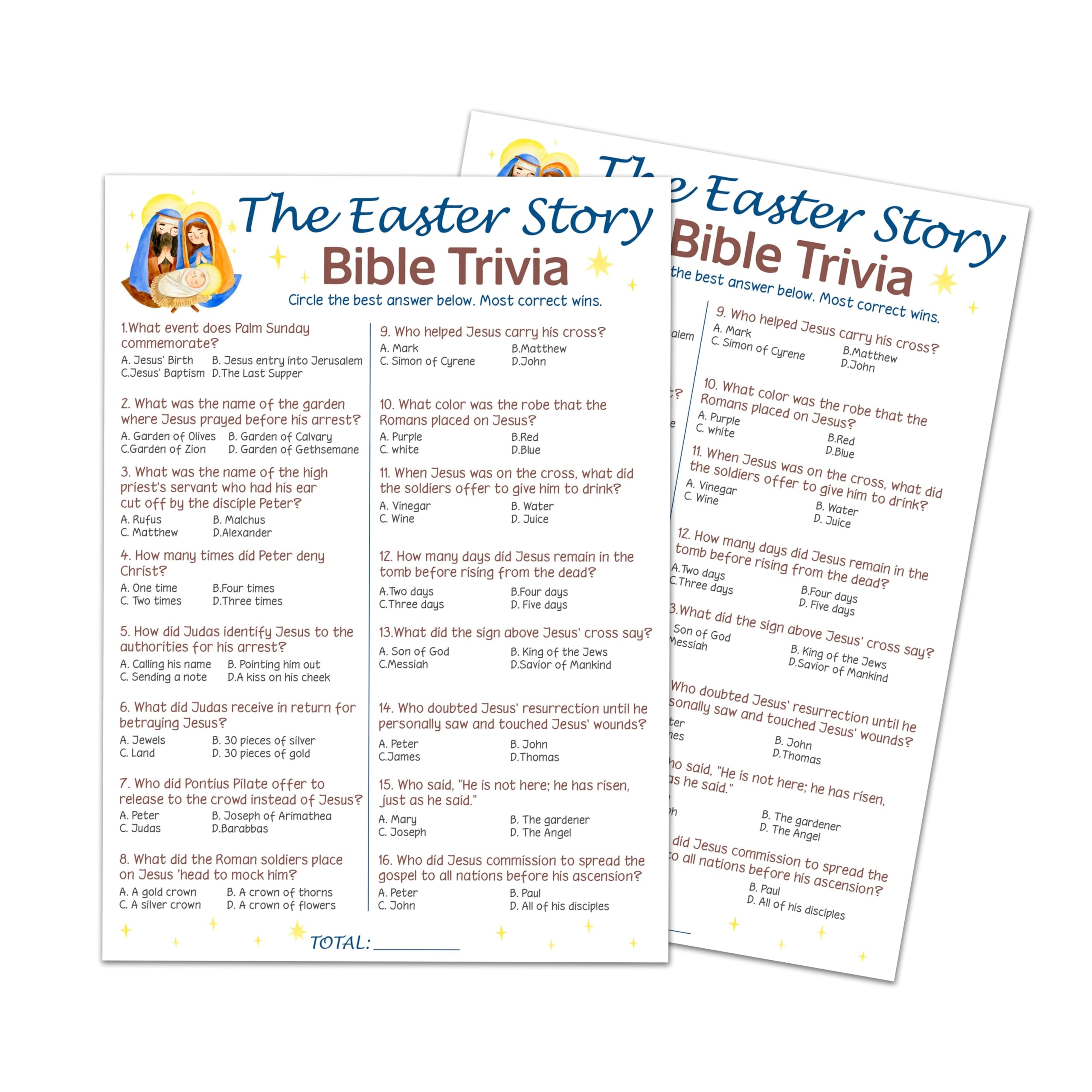 Easter Game Cards - 16 years and up 20 game cards & 1 answer card