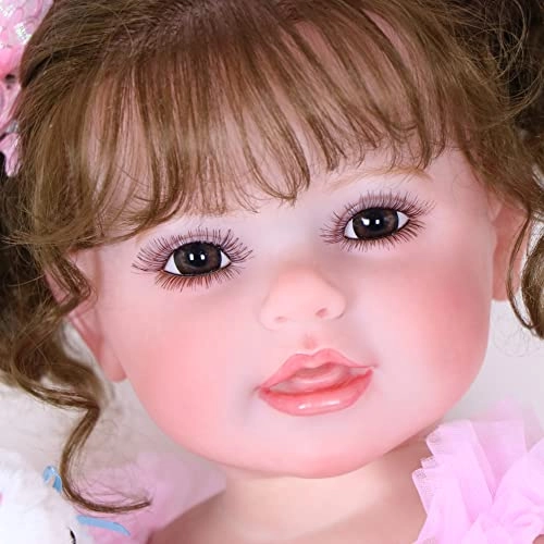 Reborn Toddler Doll - 22 inch Soft full vinyl Warm Medium skin tone Rooted Hair Pink princess outfit Ages 14+
