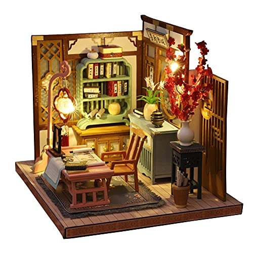 3D Wooden Miniature Doll House Kit - Painting and Calligraphy Room With Dust Cover 1:24