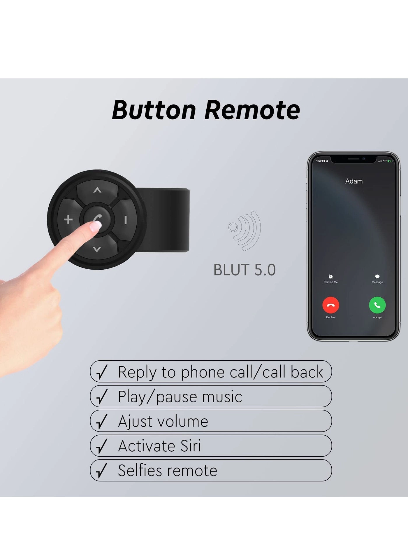 Media Button Steering Wheel Remote Control - Bluetooth Wireless iPhone Samsung Galaxy Android