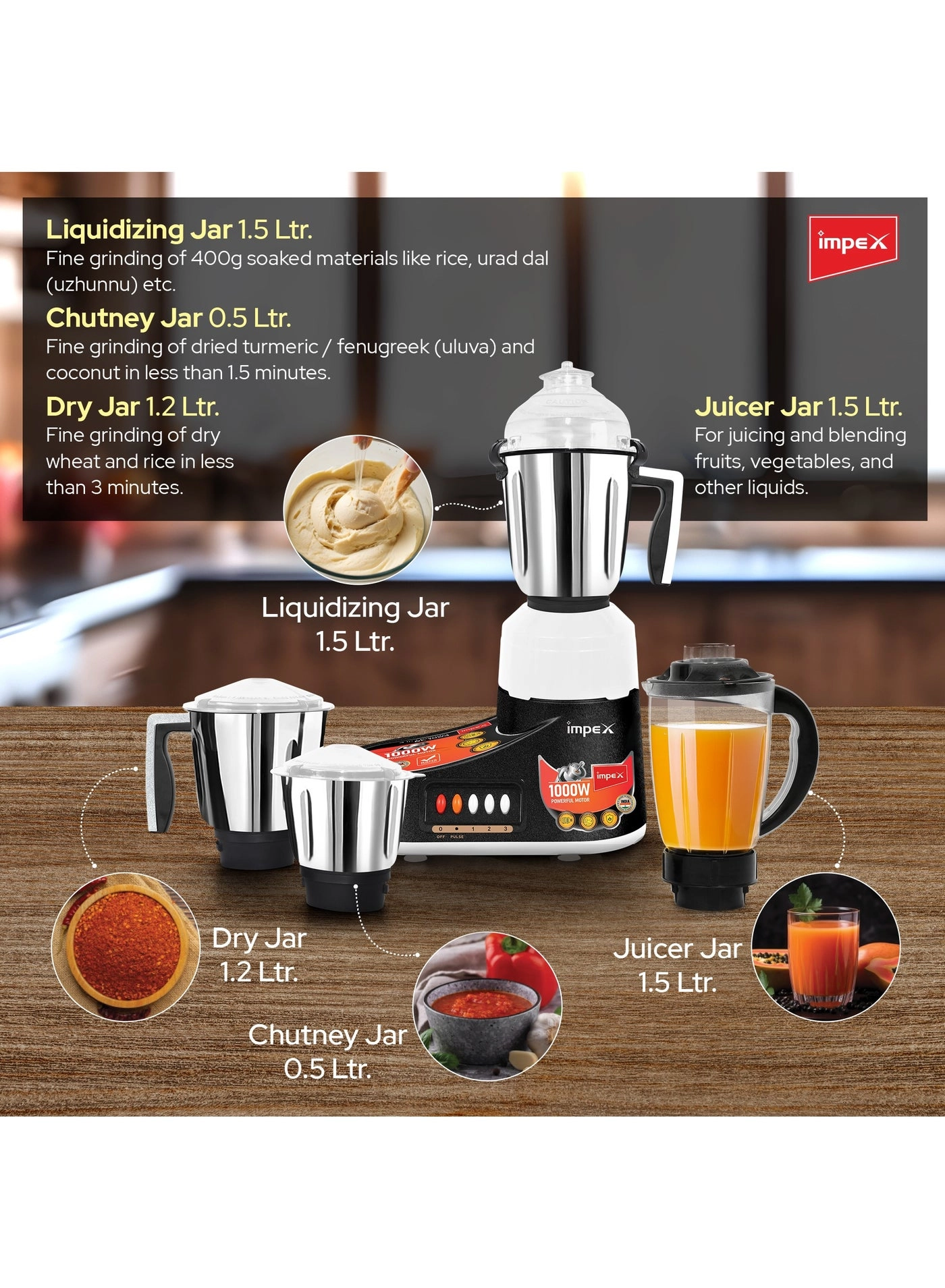 4-in-1 Mixer Grinder - 1.5L 1000W