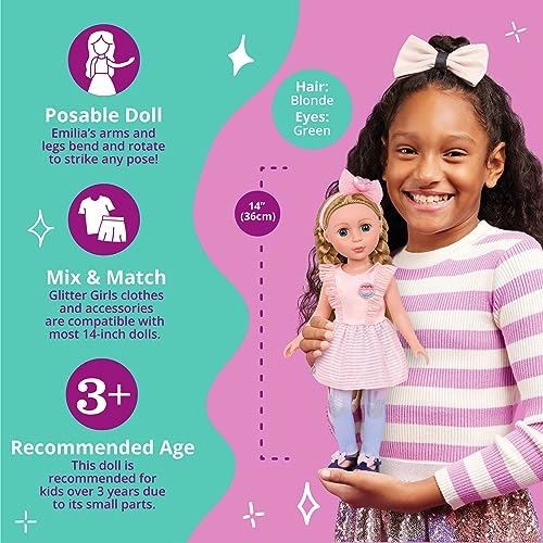 Emilia Poseable Fashion Doll - 14-Inch Braided Blonde Hair Green Eyes Ages 3+