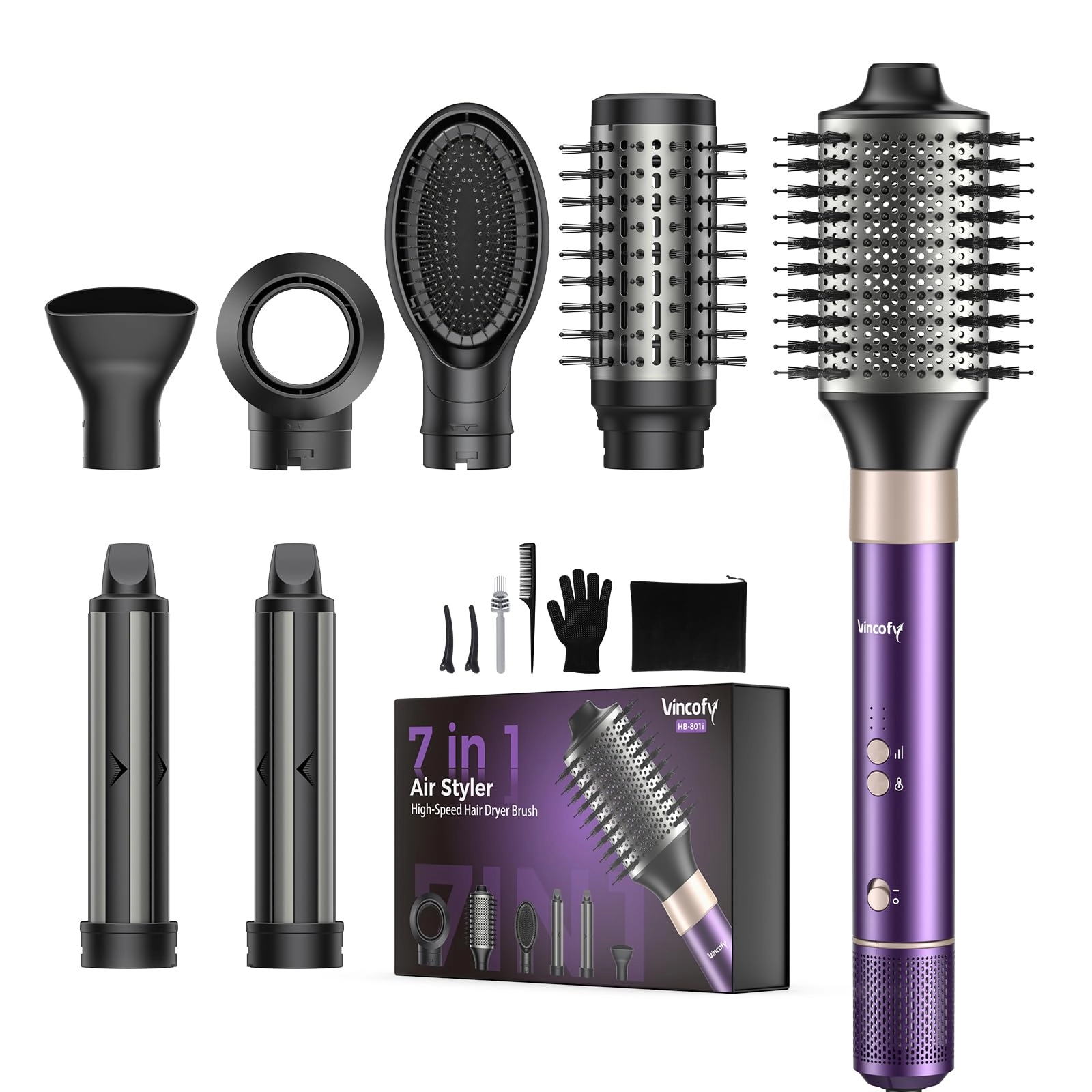 vincofy 7-in-1 Hair Dryer Brush and Hair Styler - 1500W 1.25" Auto-Wrap