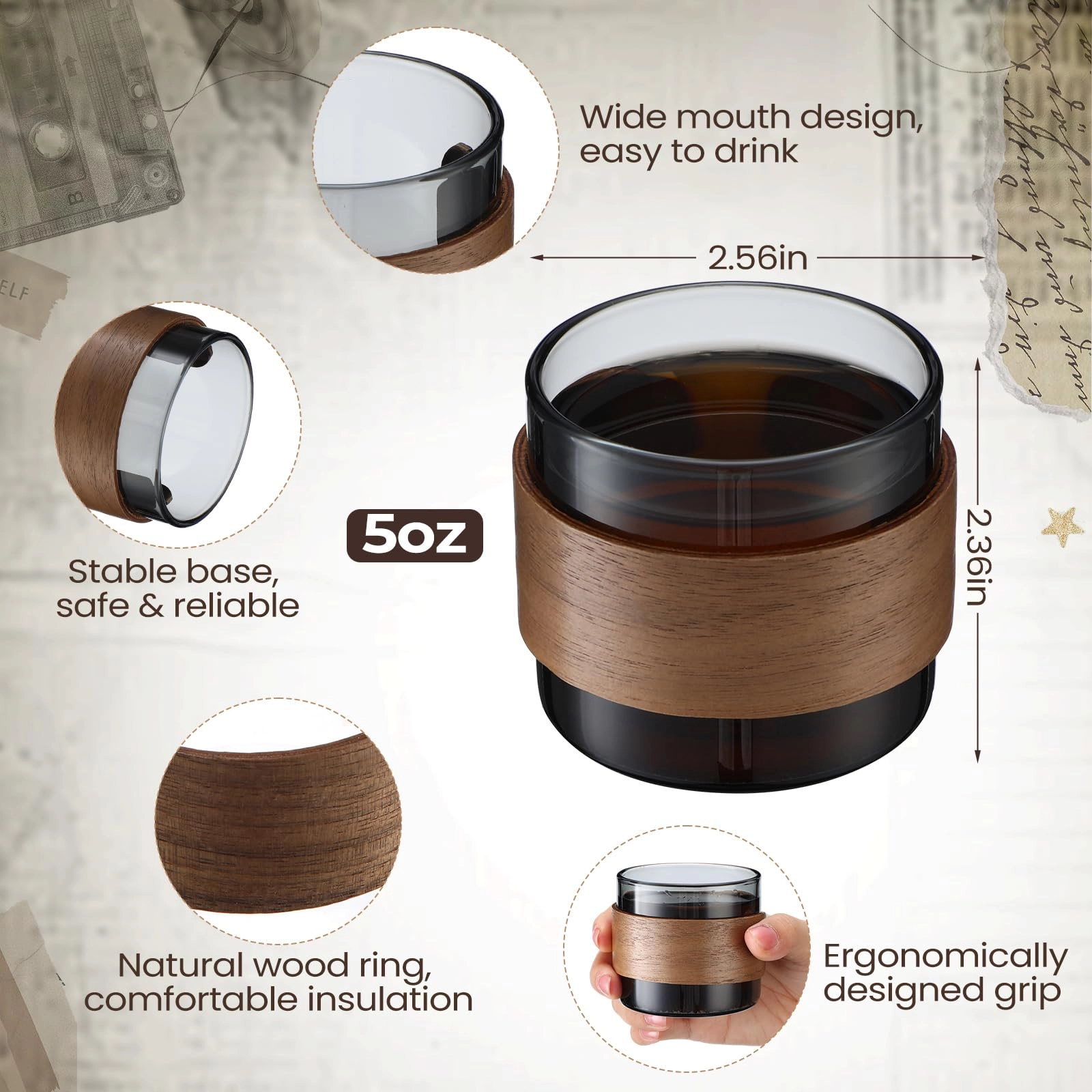 Espresso Reusable Cup - 16 pcs Wooden Ring High Borosilicate Glass