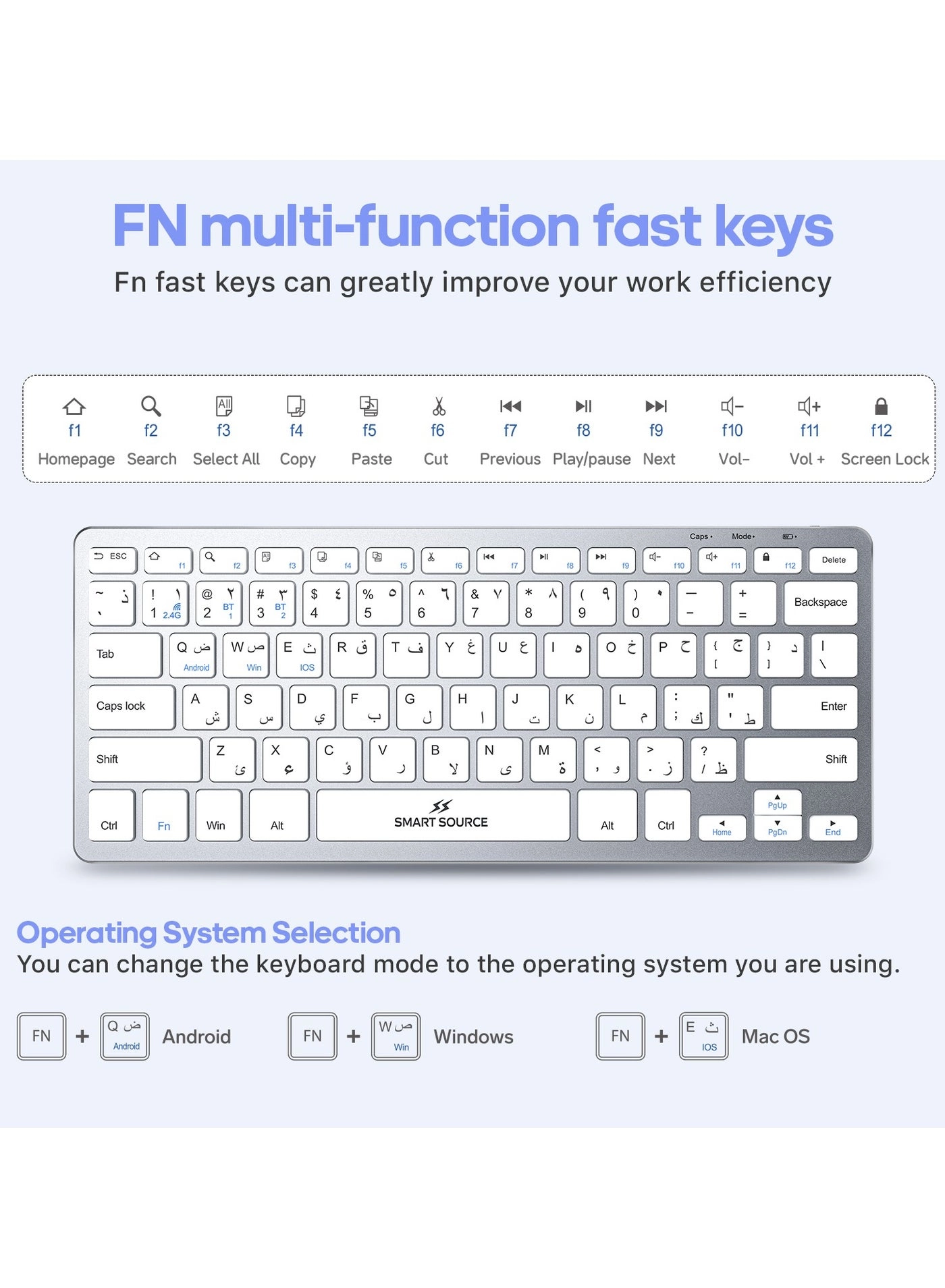 Multi-Device Wireless Keyboard - EN/AR Wireless