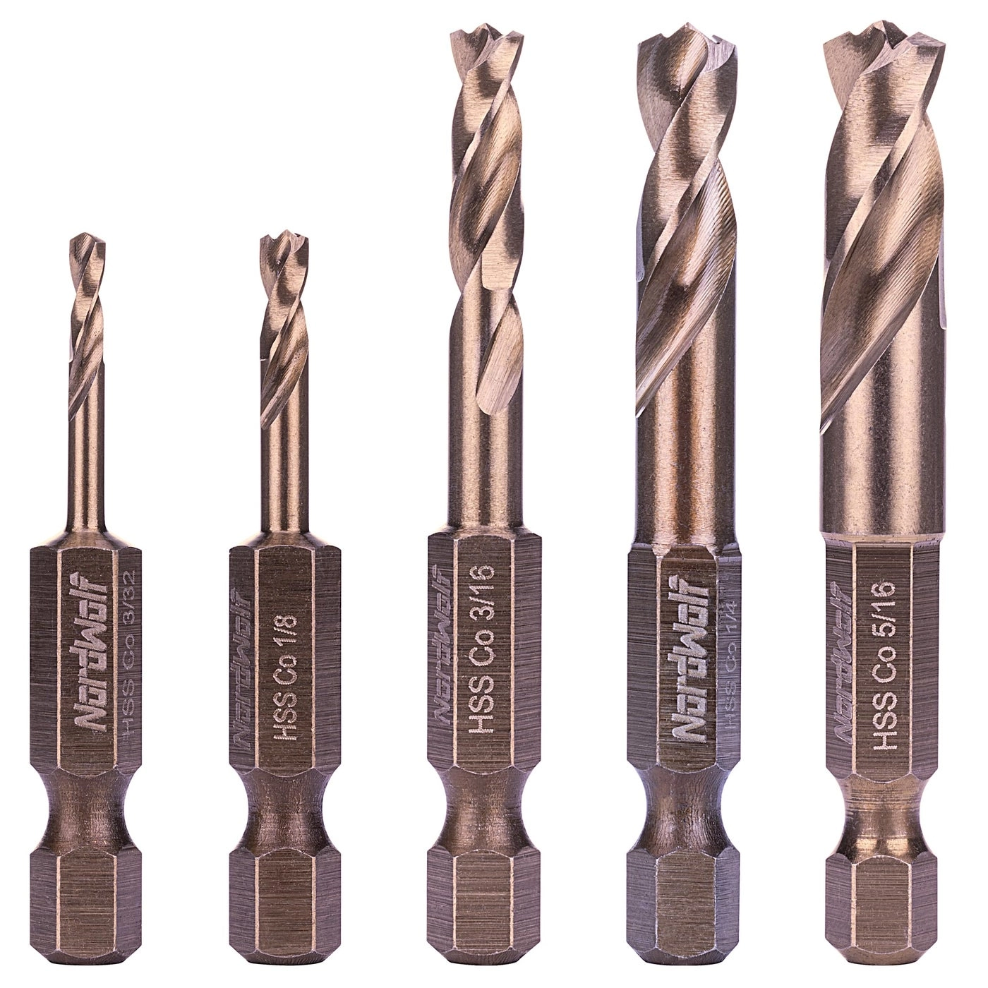 NordWolf M35 Cobalt Stubby Drill Bit Set - 5-Piece 3/32"-1/8"-3/16"-1/4"-5/16"