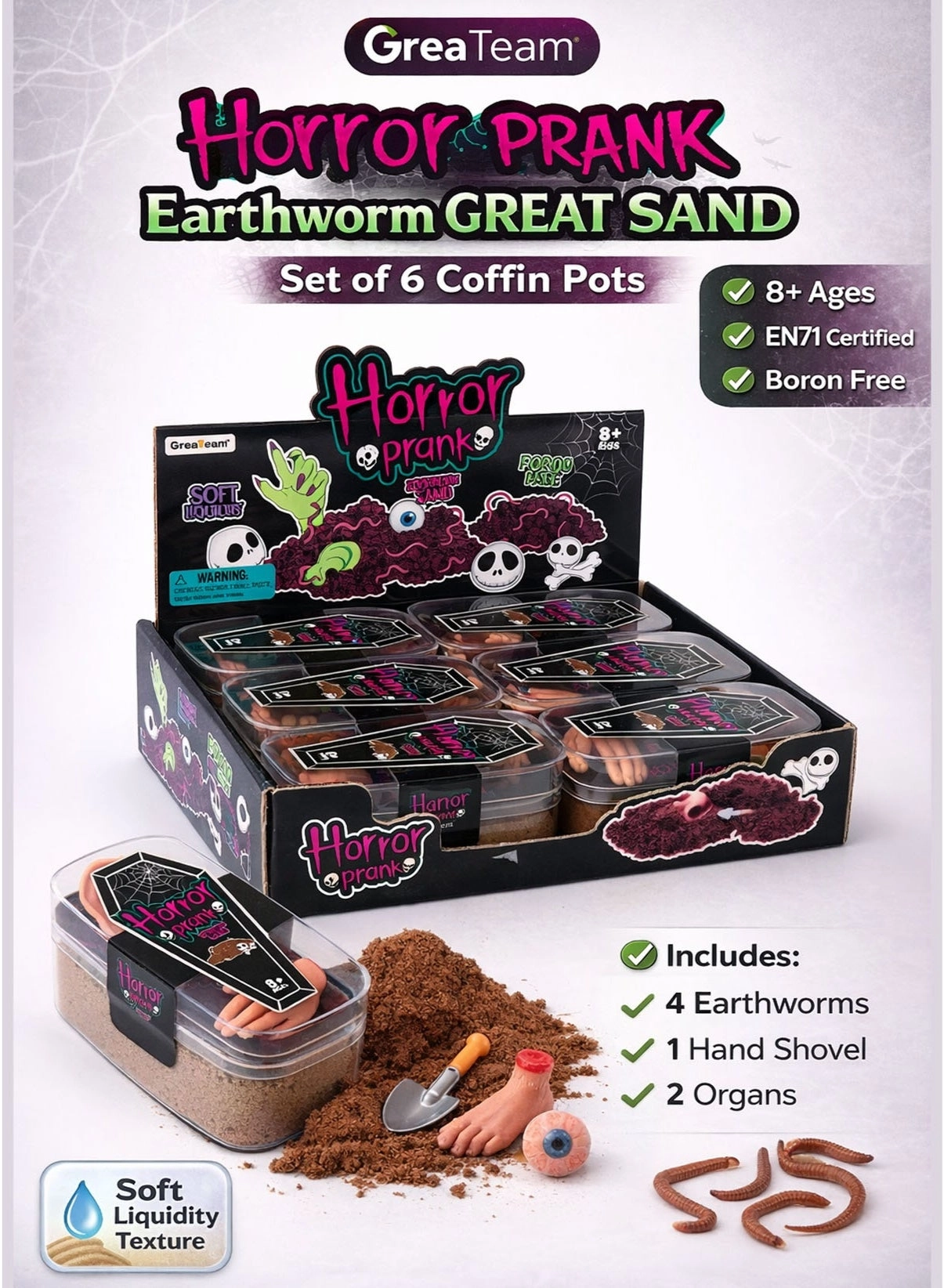 GreaTeam GREAT Sand Set of 6 Coffin Shape Pots - 4 Earthworms EN71 Certified