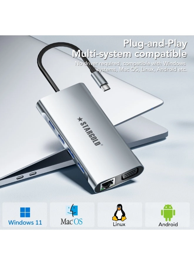 11-in-1 USB C Docking Station - USB Type C Windows 10/11, Mac OS, iPadOS, Android, Linux