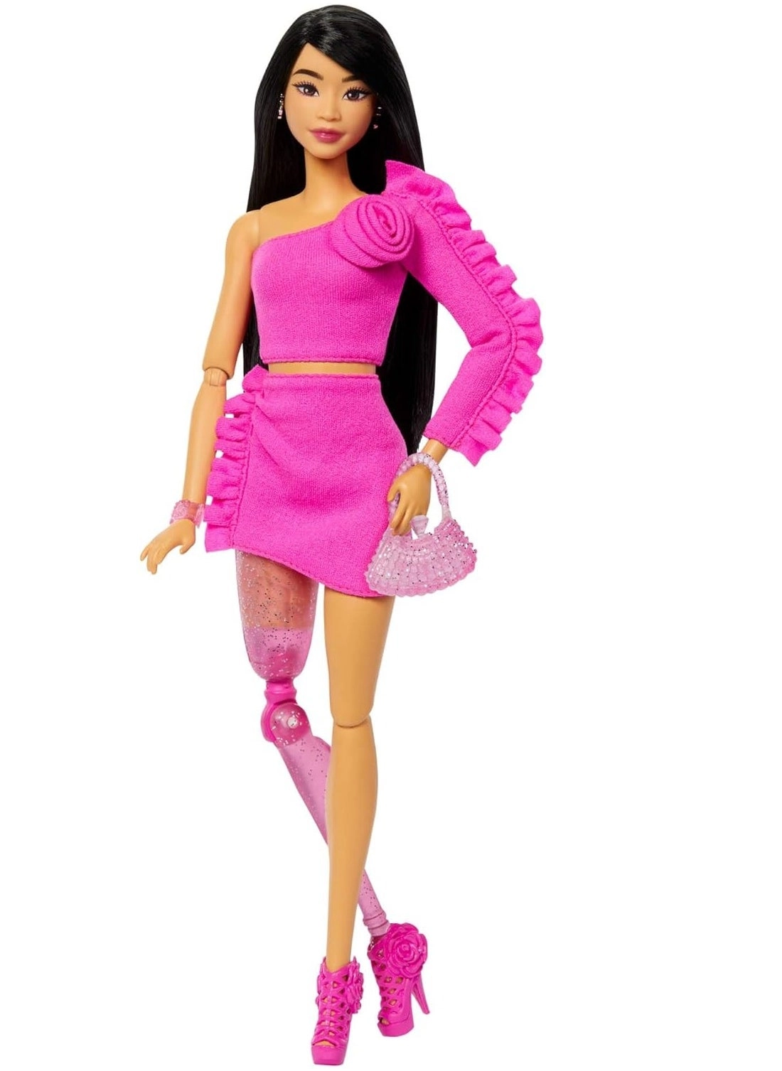 Barbie Deluxe Style Doll - Glittery Prosthetic Leg Black Hair Pink Top And Skirt Set Ages 4+