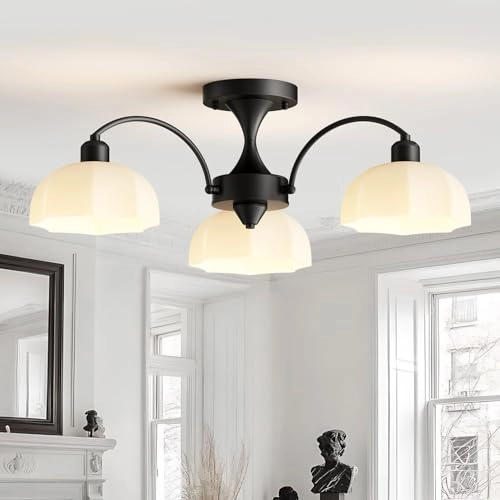 Milk Glass Chandelier - 3- Light Black