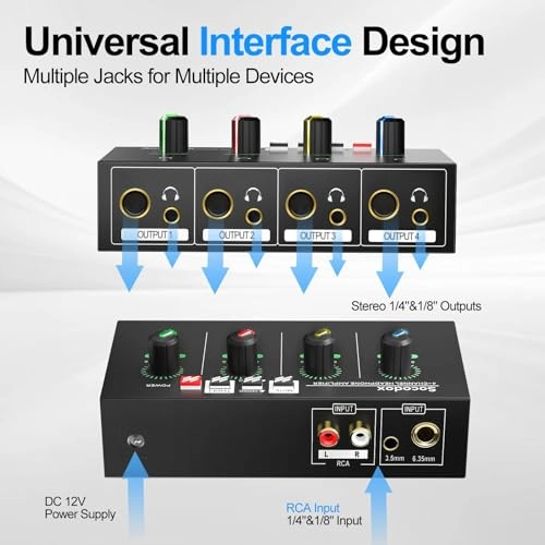 4 Channel Headphone Amplifier - 3.5mm/6.35mm/RCA Jacks 8 Headphone Output Port