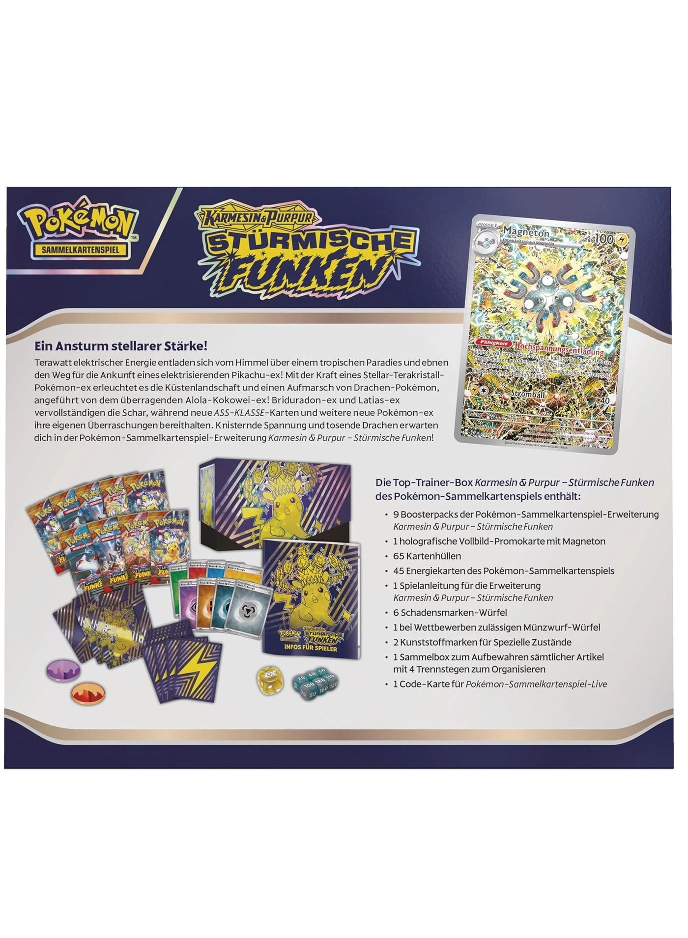 Top Trainer Box Crimson & Purple - Stormy Sparks - 1 Full Screen Promo Card 9 Booster Packs Premium Accessories
