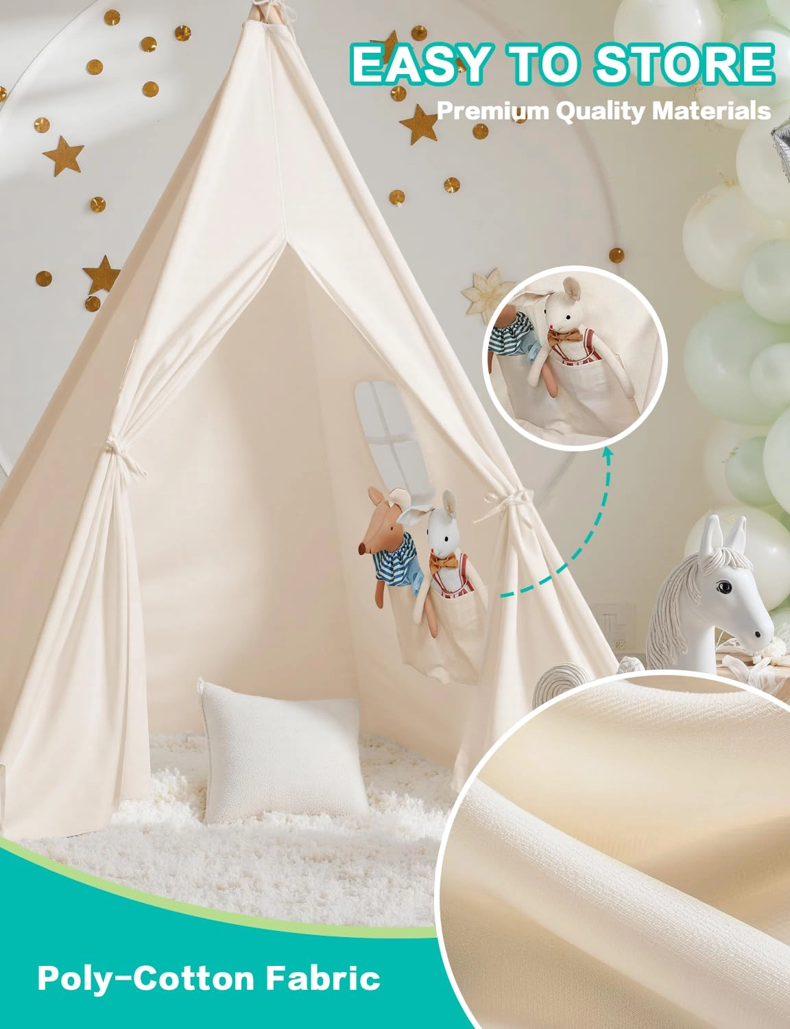 Kids Teepee Tent - 120 x 120 x 155cm Off-white